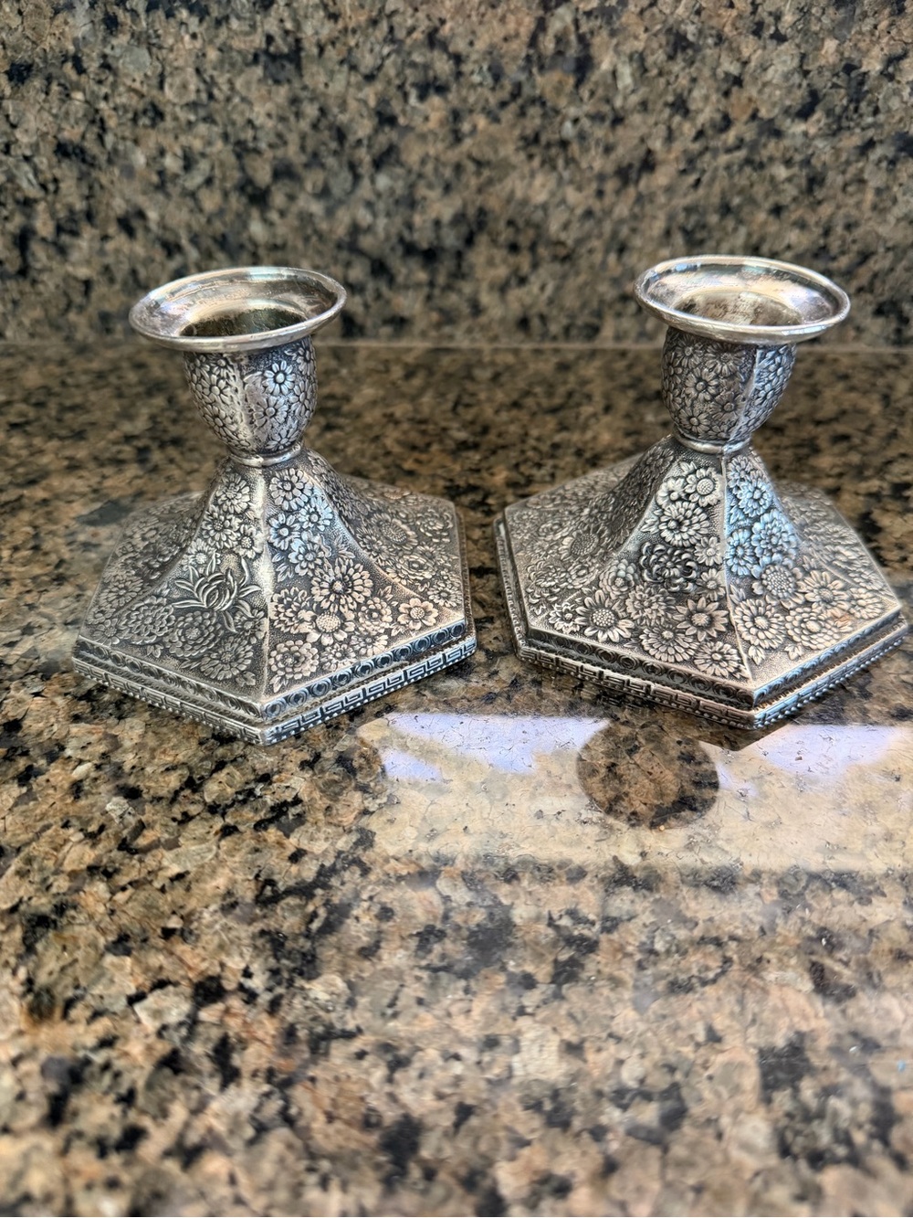 Beautiful Silver Plate on Copper Floral Repousse Post War Japan Candle Holders